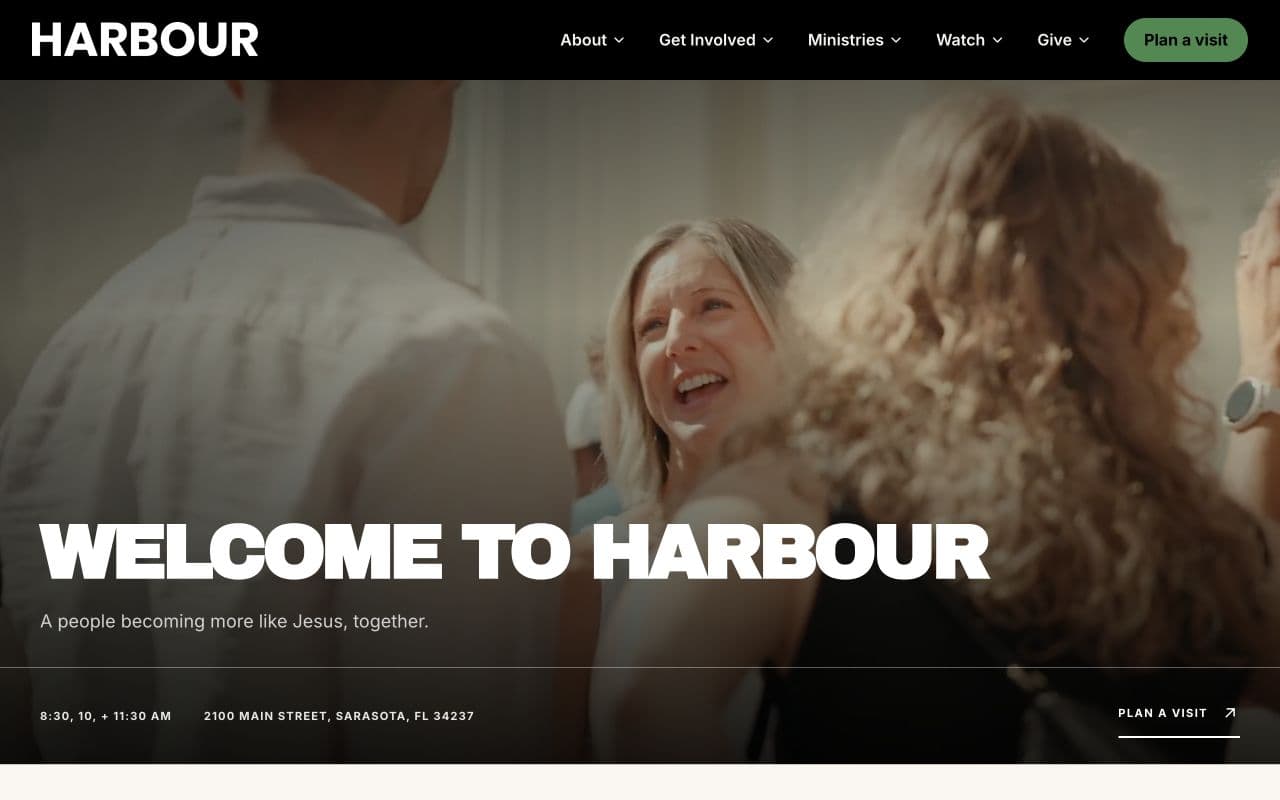 Homepage of Harbour Church in Sarasota, with a Welcome to Harbour hero and plan-a-visit link